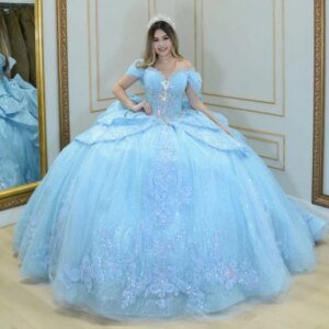 Sky Blue Quinceanera Dresses Off Shoulder Ball Gown Sweet 16 Dress Applique Bow Beading Tull Birthday Party Vestidos 15 Anos