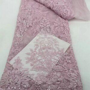 Baby pink french beads embroidery lace fabric 2025 high quality african lace fabric for bridal wedding dress 5yards