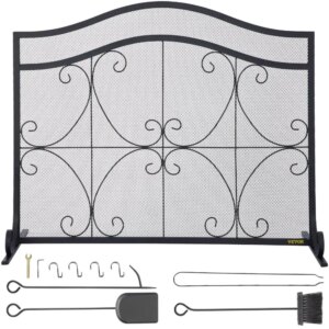 for fireplace Screen, 38 x 26.5 Inch,Heavy Duty Iron Freestanding Spark Guard with Support, Metal Mesh Craft, Broom Tong Shovel