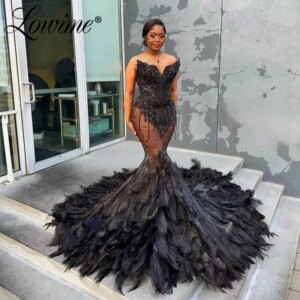 2024 Couture Black Feathers Celebrity Dresses Mermaid African Long Prom Dress Beaded Crystals Luxury Arabic Evening Party Gowns