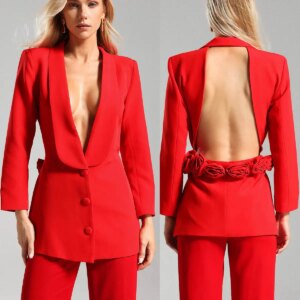 Unique Design Women Pants Suits Backless Hand Made Flowers Party Guest Wear Short Jacket Blazer 2 Pieces Custom Made
