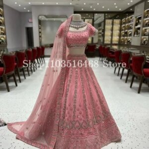 Pink Indian Ethnic Wedding Dresses Luxury Diamante Applique Saree Exquisite Customisation vestido formales simples y elegante