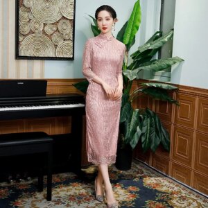 Women’s embroidered stand collar pink girls fashion lace cheongsam