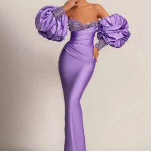 Flechazo Charming Purple Sheath Evening Dress Strapless with Pleat and Detachable Puffy Sleeves Sequin and Beading Party Gowns