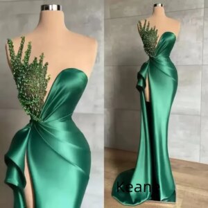 Emerald Green Slit Mermaid One Shoulder Evening Dress South Africa vestido de festa Islamic Saudi Arabic Evening Prom Dress