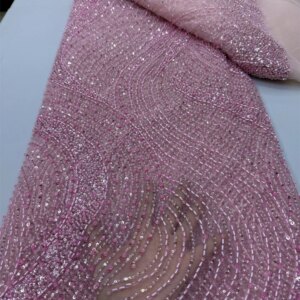 Pink Latest Nigerian Lace Fabrics Fashion Women African Tulle Lace Luxury Handmade Beaded Sequins Fabrics For Wedding 5 Yards