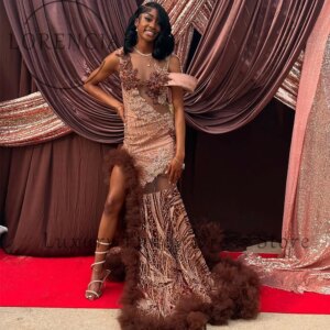 Sexy Sparkly Diamond Prom Dress for Black Girl Tulle Ruffles Mermaid Evening Party Gowns Customized Side Slit vestido madrinha