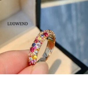 LUOWEND 100% 18K Yellow Gold Rings Natural Color Sapphire Engagement Ring Luxury Elegant Design High Party Jewelry for Women