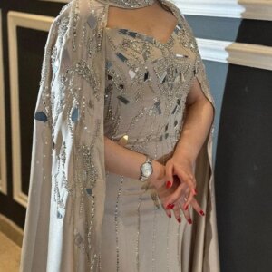 Customized Evening Dresses With Cape Sequins Beads Sweetheart Dubai Women Champagne Prom Dresses Formal Occasion Party Gown