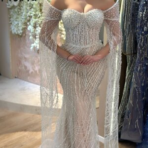 2025 Arabic Ivory Pearls Mermaid Elegant Cape Sleeves Beaded Customized Evening Dress Luxury Dubai Wedding Party Dresses Gowns