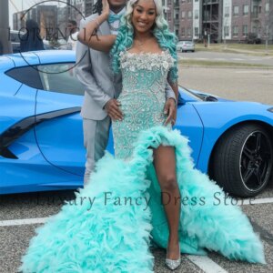 Luxury Rhinestone Prom Dresses for Women Tulle Ruffle Wedding Party Gowns Customized Side Slit Shiny Diamond vestidos de festa