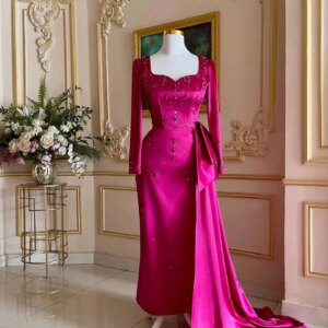 Customized Delicate Satin Crystal Evening Dresses High Quality Long Sleeves Square Neck Cocktail Dress Custom Size Par