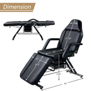 Massage Salon Tattoo Chair with Two Trays Esthetician Bed with Hydraulic Stool, Multi-Purpose 3-Section Facial Bed Table, Adjust