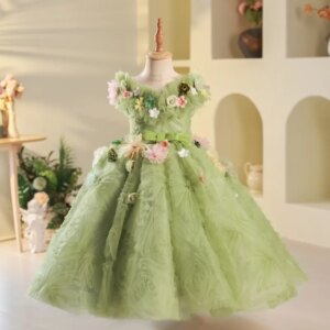 Girls dress green elf Mori flower birthday princess dress children host catwalk piano performance costume spring