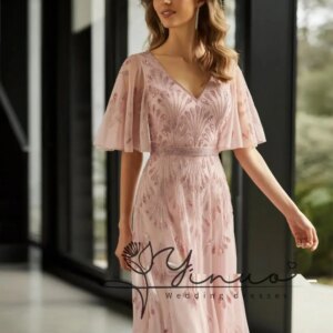 customized V-neck Short Sleeve Mother Of The Bride Dress For Wedding Sparkly Sequins Beads Prom Dress Elegant A-line Long Evenin