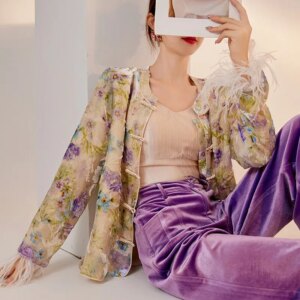 New design sense silk Chinese printed top fashion casual pants suit