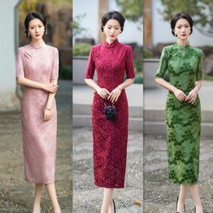 Fashion Improvement Knitted Jacquard Long Double-Layer Cheongsam Qi Pao     College Entrance Examination Mother Skirt