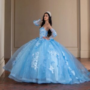 Sky Blue Ball Gown Off the Shoulder Quinceanera Dresses 2025 Beaded 3D Flower Applique Sweet 16 Dress Lace-up Corset Vestidos De