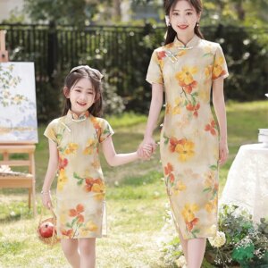 Spring and Summer New Parent-Child Girls Improved Cheongsam Dress Chinese Style Children Guzheng Performance Costume Little Girl