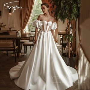 SSYTENS Satin Wedding Dresses Spaghetti strap Pearls Women Bridal Dress Short Sleeves Wedding Gowns Bespoke A-Line Bride Dress