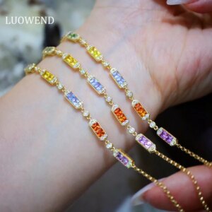 LUOWEND 100% 18K Yellow Gold Bracelet Women Shiny Diamond Natural Color Sapphire Bracelet Elegant Romantic Style Fine Jewelry