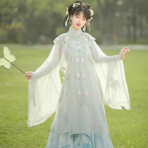Hanfu female shoulder oblique collar long shirt waist pleated skirt ancient dress elegant