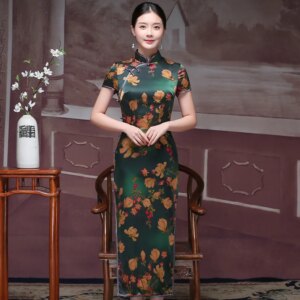 Summer New Improved High Quality Real Silk plus Size Printing Long Cheongsam Qipao Women’s Dress