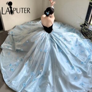 3D Butterfly Lace Blue Prom Dresses Puffy A line Black Bocie Bow Knot Evening Gown Off Shoulder Cute Girl Formal Dress