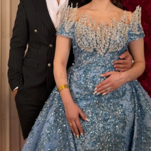 Blue Prom Dresses Sparkly Crystal Off The Shoulder Wedding Party Dress 2025 Customized Overskirt Arabic Evening Engagement Gowns