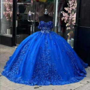 Customized Glittering Royal Blue Quinceanera Dress Flower Beading Lace Cryster Birthday Party Vestidos De 15 Anos Off-Shoulder