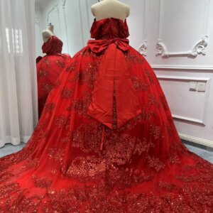 Customized Real Made Red Women Wedding Party Dress Off Shoulder Bow Sweep Train Sweet 15 Quinceanera Prom Birthday Occasion Gown