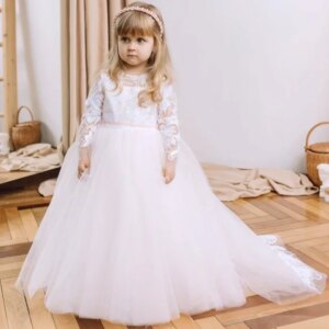 Pink Ribbon Long Sleeve For Wedding Party Birthday Holy Communion Gowns Princess Flower Girl Dresses White Tulle Applique With