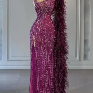AA568 Customized Purple Evening Dresses Crystal Feahter Mermaid Full Length Women Formal Occasion Wear Wedding Guest Party Gown