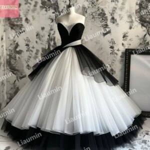 Classic Customized Made White And Black Tulle Prom Dress Beading Strapless Evening Prom Dresses Formal Stunning Dress W15-47.6
