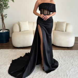 Ccstomized Mermaid Prom Dresses Floor-Length Boat Neck Half Sleeve Evening Dresses Fashion Beading Side Split Sexy Backless