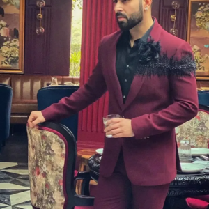 Dark Red Two Pieces Men Suits Beading Crystal Man Blazer(Jacket+Pants)