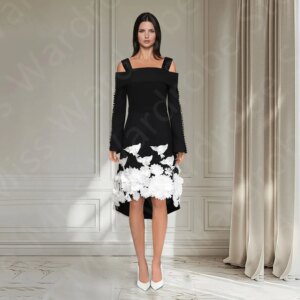 Customized Contrast Color Prom Dresses Short Black and White Wedding Party Dresses High Low Flowers Evening Gowns Long Sleeves