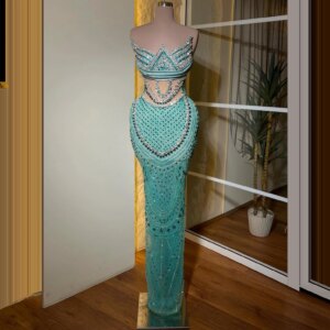 Baby Blue Strapless Mermaid Evening Dress Sleeveless Long Prom Dress Elegant Crystal Beaded Birthday Party Dress Customized