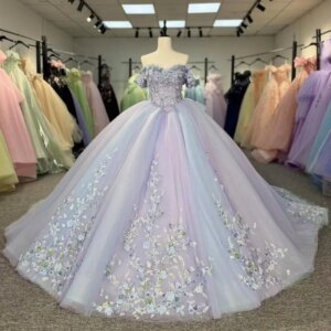 Customized Shiny light purple dual color Off Shoulder Quinceanera Dress applique Tull flower vestidos de 15 Quinceanera 