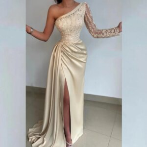 Modest One Shoulder Satin Appliques Lace Prom Dress for Women Sexy Mermaid Sweep Train Prom Gown with Slit robes de soirée 2025