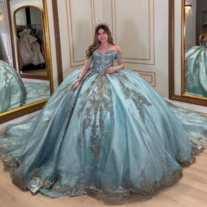 Water Blue Princess Quinceanera Dresses Off Shoulder Gold Applique Lace Beads Tull Sweet 16 Dress Ball Gown Vestidos 15 De Anos