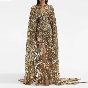 511 Customized Black Cape Gold Sequins Luxury  فساتين السهرة vestidos de fiesta vestidos de noche فساتين سهره evening dresses