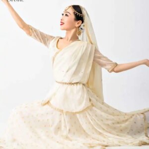 Yiman Indian Dance Costume, Anna Katak Dance Costume, Beige Large Swing Double-layer Indian Pakistani Style Ethnic Women’s