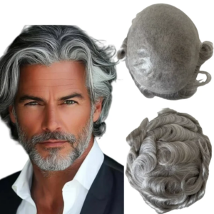 Indian Virgin Human Hair Systems 32mm Wave 1b80 White Human Hair Knots PU Toupees 8×10 Thin Skin Unit for Old Men