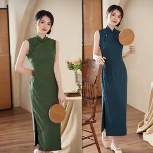 Fashion Improvement Hualuo Sleeveless Long Cheongsam Qi Pao Spring and Summer New Pure Color Young Lady Daily