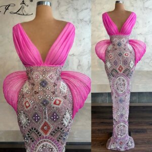 Elegant Pleated Evening Dress Mermaid Deep V Neck Fuchsia Celebrity Dresses for Women 2025 Ruffle Trumpet Formal Gown Customized