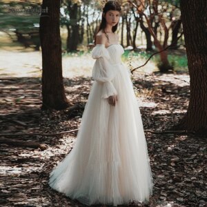 Dot Tulle A Line Boho Wedding Dress ,Detachable Two Kind Sleeves ,Beach Bridal Gowns DW979