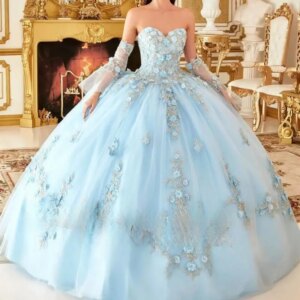 Customized Shiny Light Blue Quinceanera Dresses Tull Elegance 3D Flower Decal Applique Strapless Dress Vestidos De 15 Anos 24