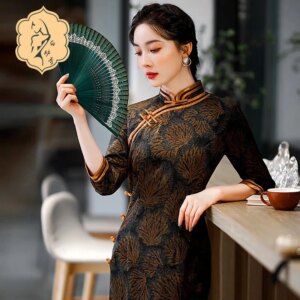 Women’s dress cardigan green temperament elegant standing collar cheongsam banquet