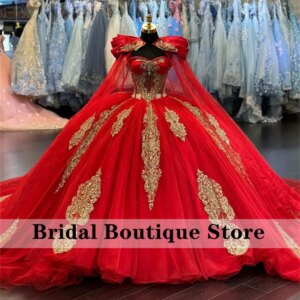 Princess Red Ball Gown Quinceanera Dresses 2025 With Cape Sequins Appliques Beads Sweet 16 Dress Vestidos De 15 Anos Customized